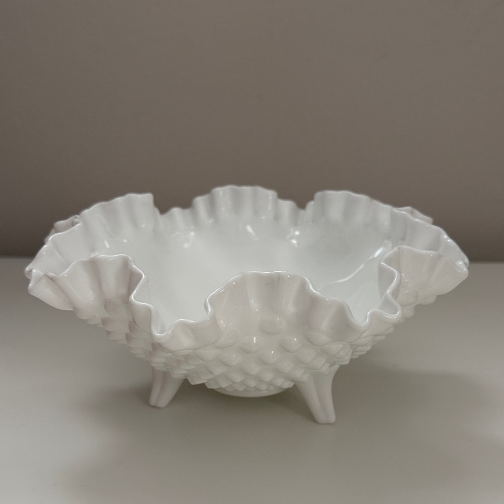 Vintage Fenton white milk glass hobnail double ruffle-edge three-footed bowl